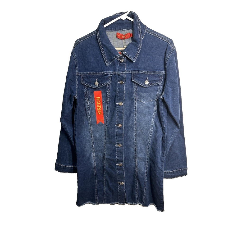 buzz jeans womens blue denim jacket coat longer‎ length dark wash size small
